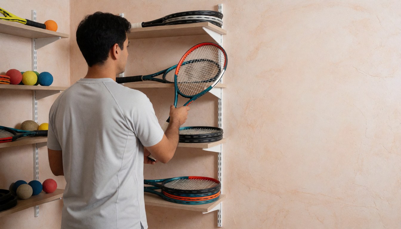 A tennis instructor chooses a blue and red training racket from a shelf in a sports store with light walls.