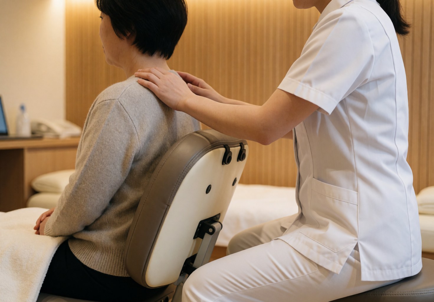 Therapist in white uniform massaging client neck seated in massage chair at spa with light wood walls