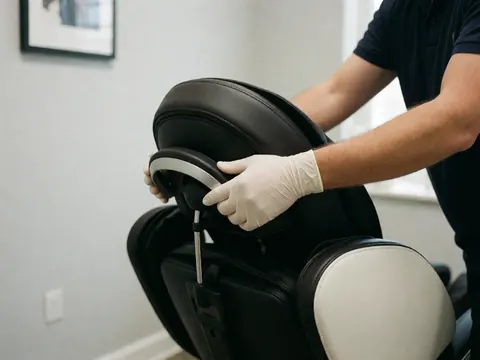 Close-up of gloved hands adjusting the seat of a professional massage chair in a clinical setting with gray walls