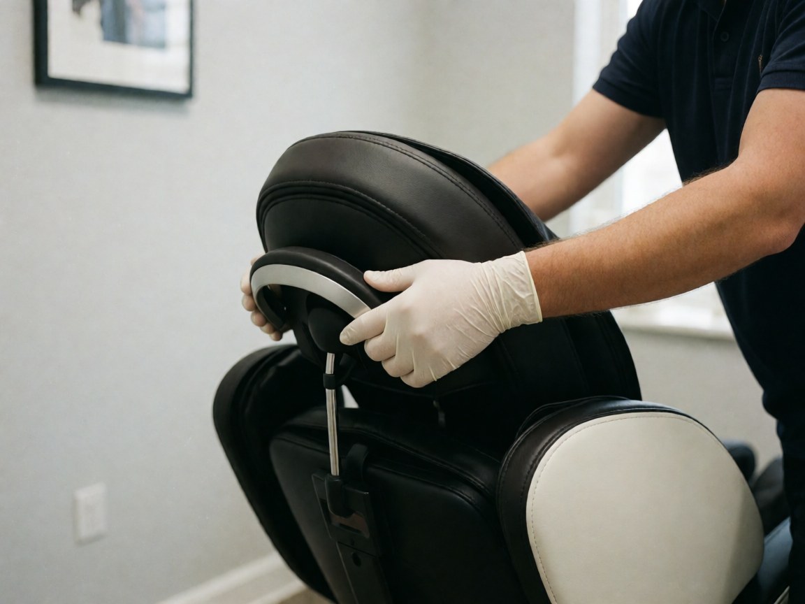 Close-up of gloved hands adjusting the seat of a professional massage chair in a clinical setting with gray walls