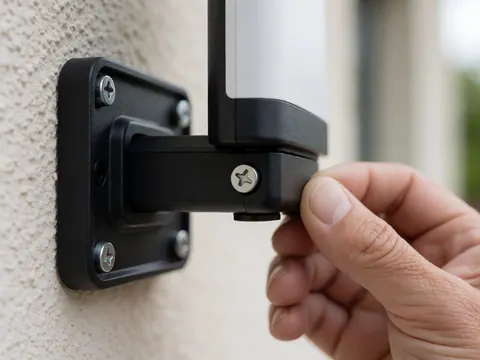 Close-up of a hand tightening a screw on a digital antenna mount attached to a stucco wall, showing professional installation details.