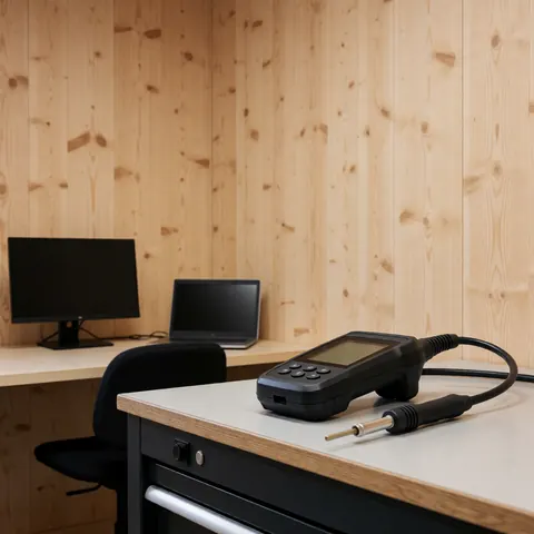 Professional gas leak detector resting on a workbench in a clean, modern workshop with light wood walls.