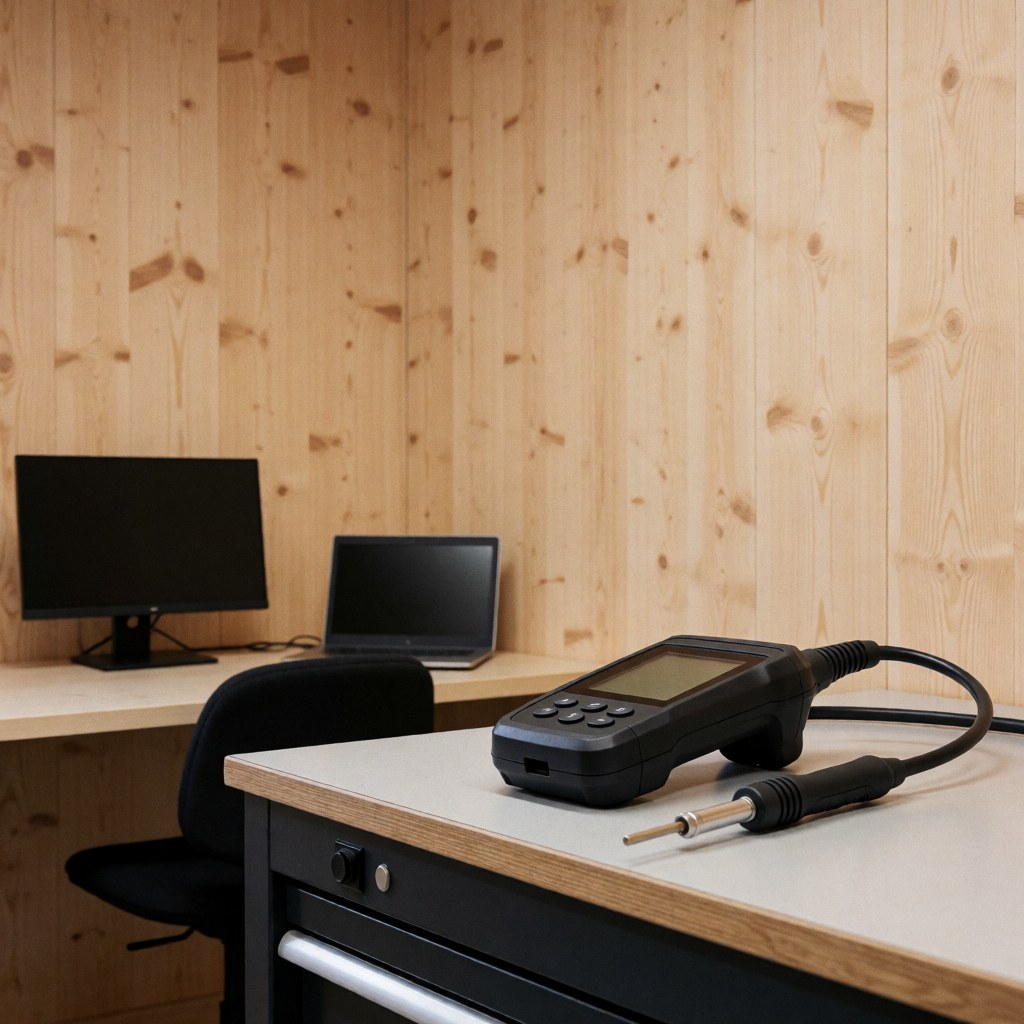 Professional gas leak detector resting on a workbench in a clean, modern workshop with light wood walls.