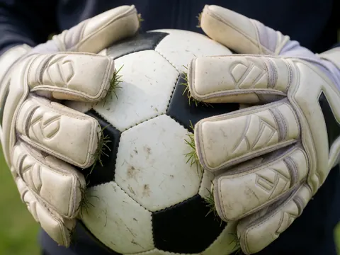 Close-up of dirty goalkeeper gloves gripping a soccer ball on a grass field, highlighting texture and detail for training purposes.