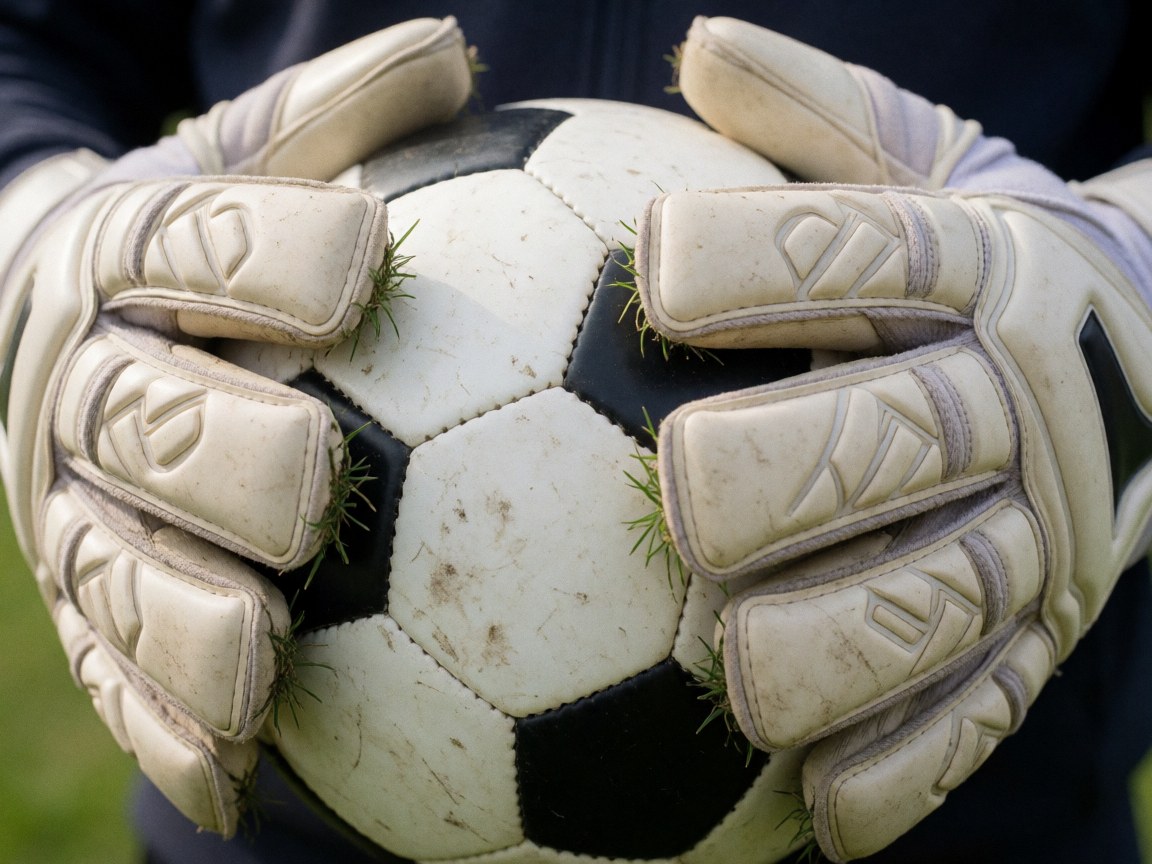 Close-up of dirty goalkeeper gloves gripping a soccer ball on a grass field, highlighting texture and detail for training purposes.