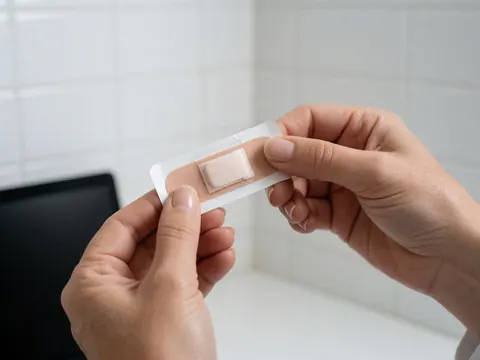 Hand peeling an adhesive bandage from its wrapper against a white tiled wall background, showcasing a first aid medical product.