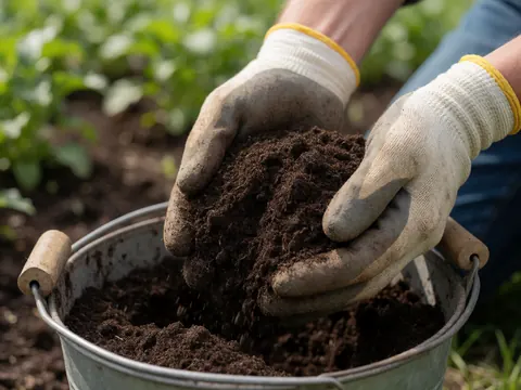 Close-up of gloved hands taking dark soil from a metal bucket in a garden with vegetation for a gardening business