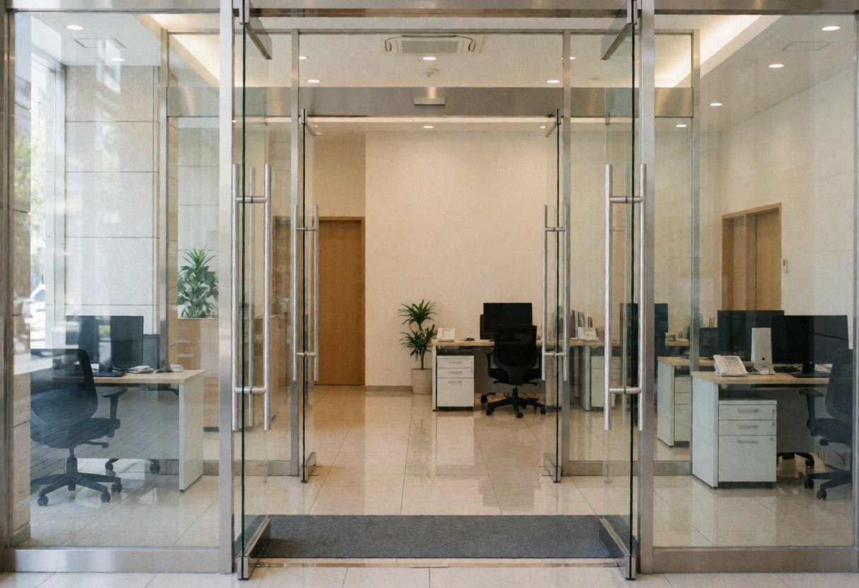 Modern office entrance featuring glass doors, polished floors, and clean furniture, ideal for professional cleaning services.
