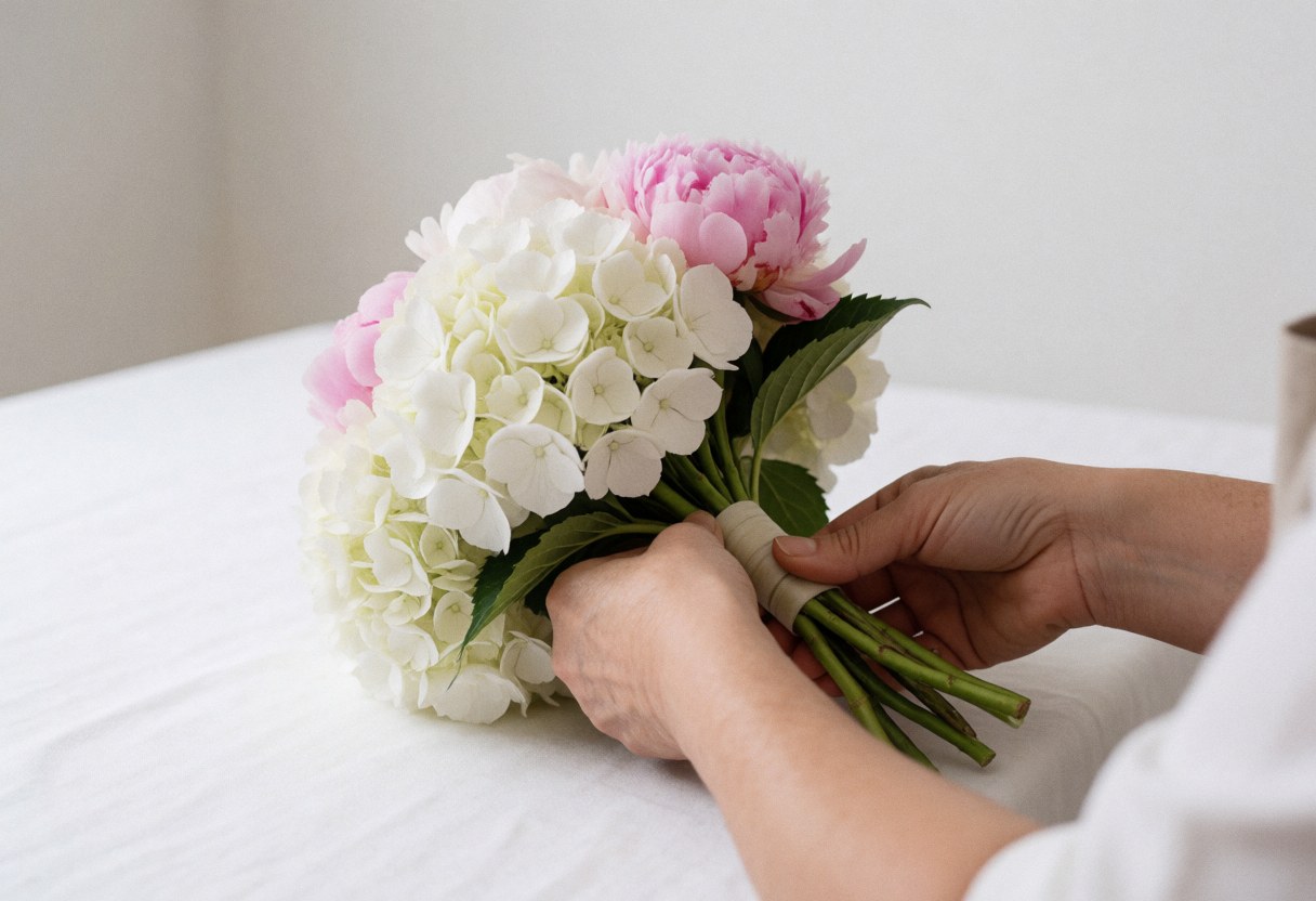 Hands assembling a bouquet of white ivy and pink peonies on a white table in a florist shop