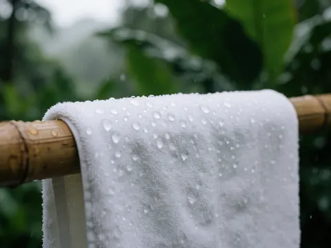 Close-up of a white towel with water droplets resting on a bamboo stick in a tropical setting with green leaves