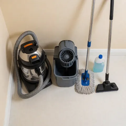 Professional cleaning team on a clean floor with vacuum, bucket, mop, and cleaner bottle for cleaning services.