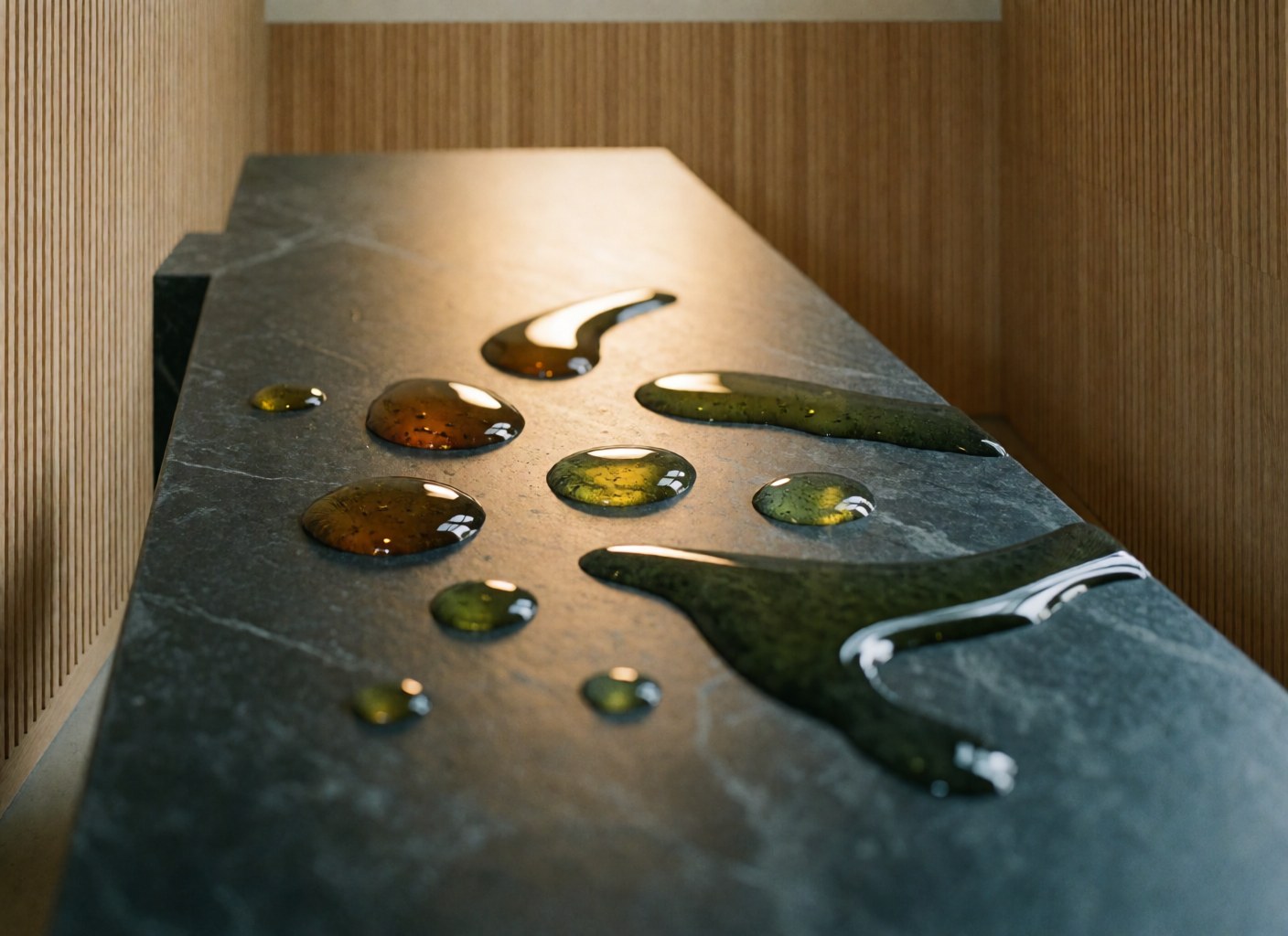 Amber and green essential oil droplets resting on a dark polished stone in a warm spa setting with light wood walls