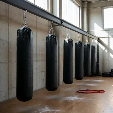 Black punching bags hanging from a metal bar in a gym with concrete walls and a wooden floor.