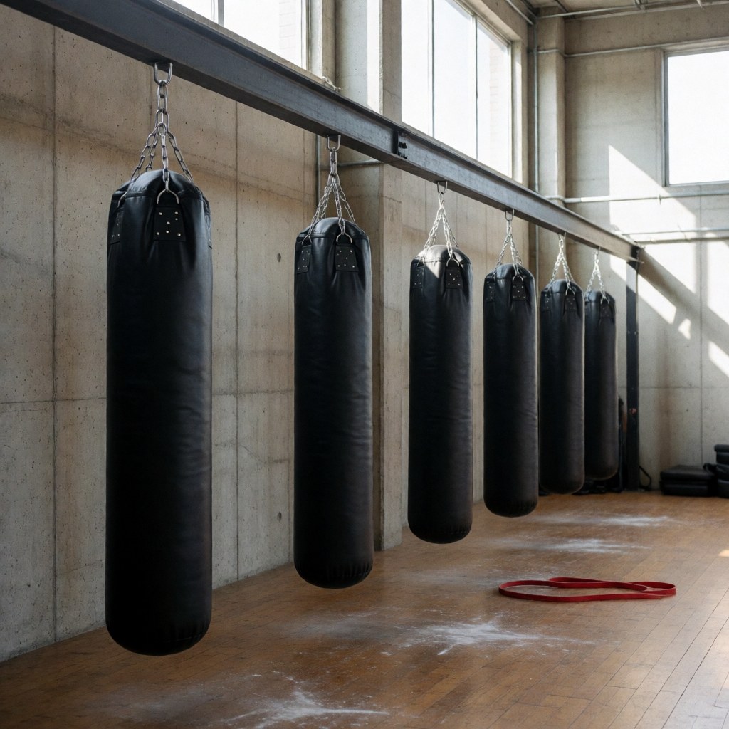 Black punching bags hanging from a metal bar in a gym with concrete walls and a wooden floor.