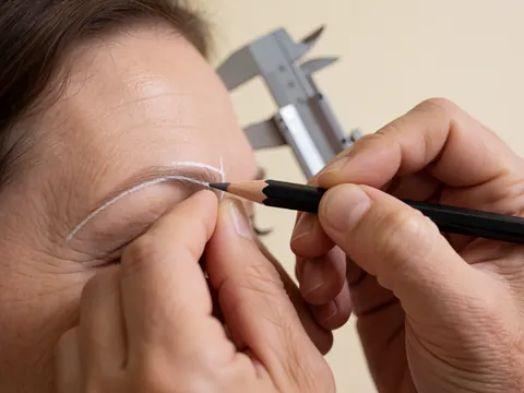 Professional hand using a white pencil to draw a precise line on an eyebrow for microblading, with a metal caliper in the background