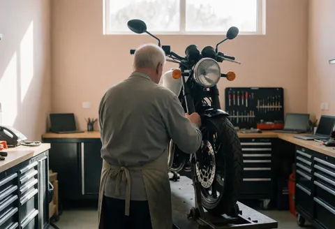 Mechanic checking the front brake of a motorcycle in a well-lit workshop with organized tools