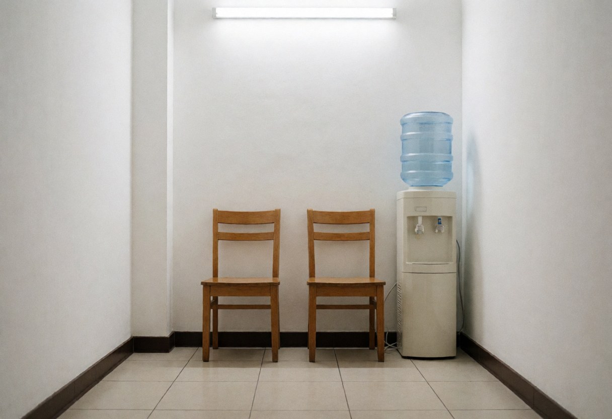 Two wooden chairs and a water dispenser in a dojo with white walls and tiled floor