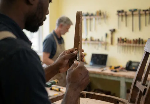 Carpenter applying finish to wooden chair in workshop with yellow walls and hanging tools
