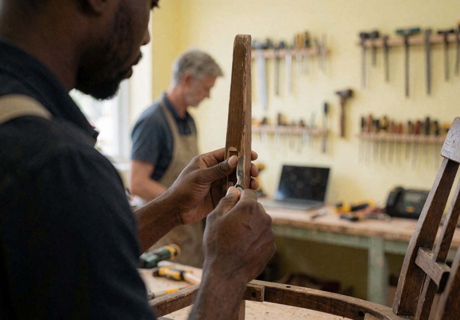 Carpenter applying finish to wooden chair in workshop with yellow walls and hanging tools