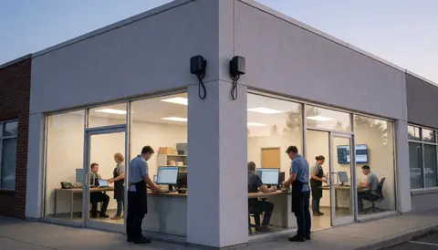 Exterior view of a modern commercial building facade with visible interior workspace where employees are working at computers, conveying a professional and secure business environment.