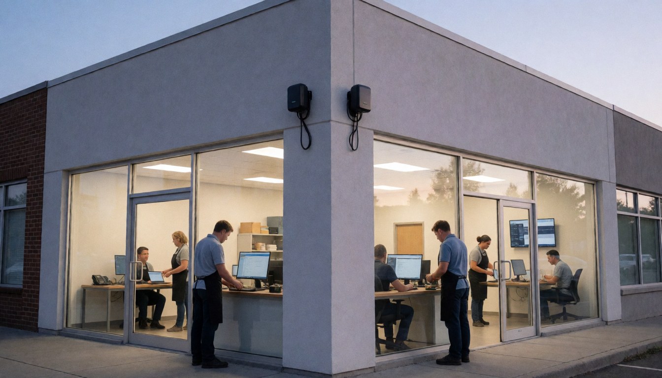 Exterior view of a modern commercial building facade with visible interior workspace where employees are working at computers, conveying a professional and secure business environment.