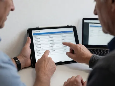 Close-up of hands pointing to a digital repair estimate displayed on a tablet screen in an auto body shop.