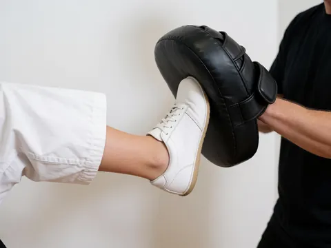A close-up of a student's foot striking a karate training pad held by an instructor during a class session.