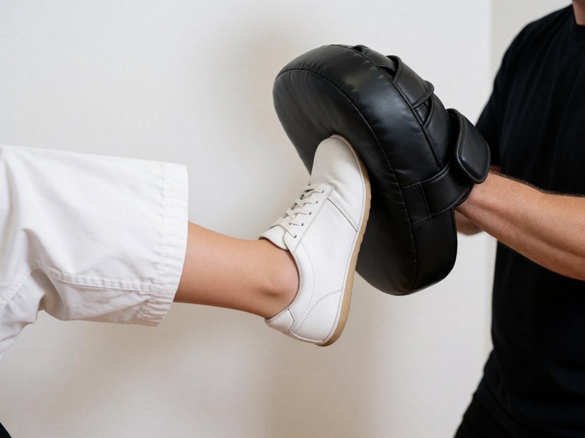A close-up of a student's foot striking a karate training pad held by an instructor during a class session.