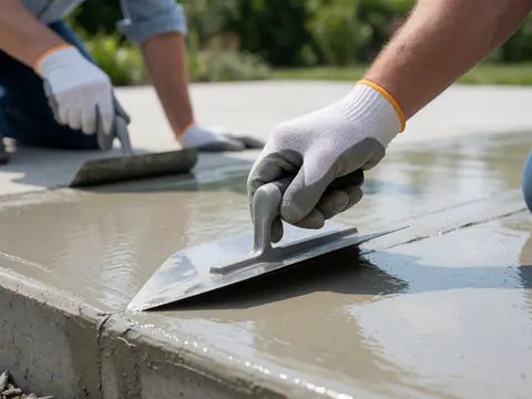 Close-up of a gloved hand using a metal trowel to smooth fresh concrete on an outdoor patio construction site.