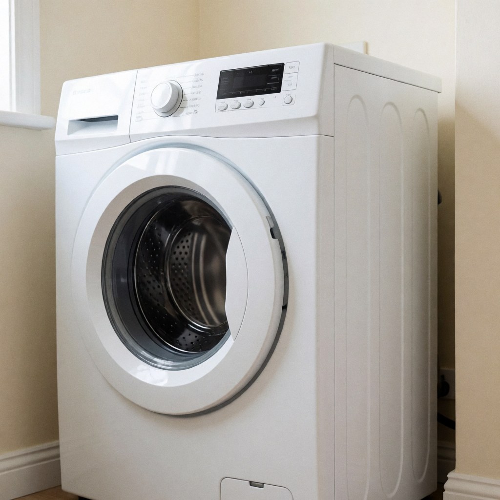 A white washing machine with a closed door in a clean room with beige walls, suitable for appliance repair services.