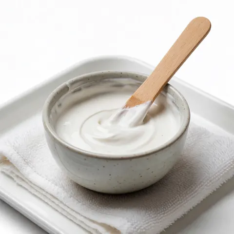 Thick white facial mask in a ceramic bowl with a wooden spatula on a white towel and tray for facial cleansing business
