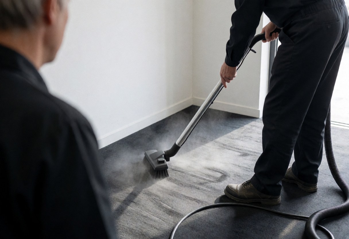 Professional worker in dark uniform and sneakers cleaning a gray carpet with a vacuum cleaner in a bright room with white walls and natural light.