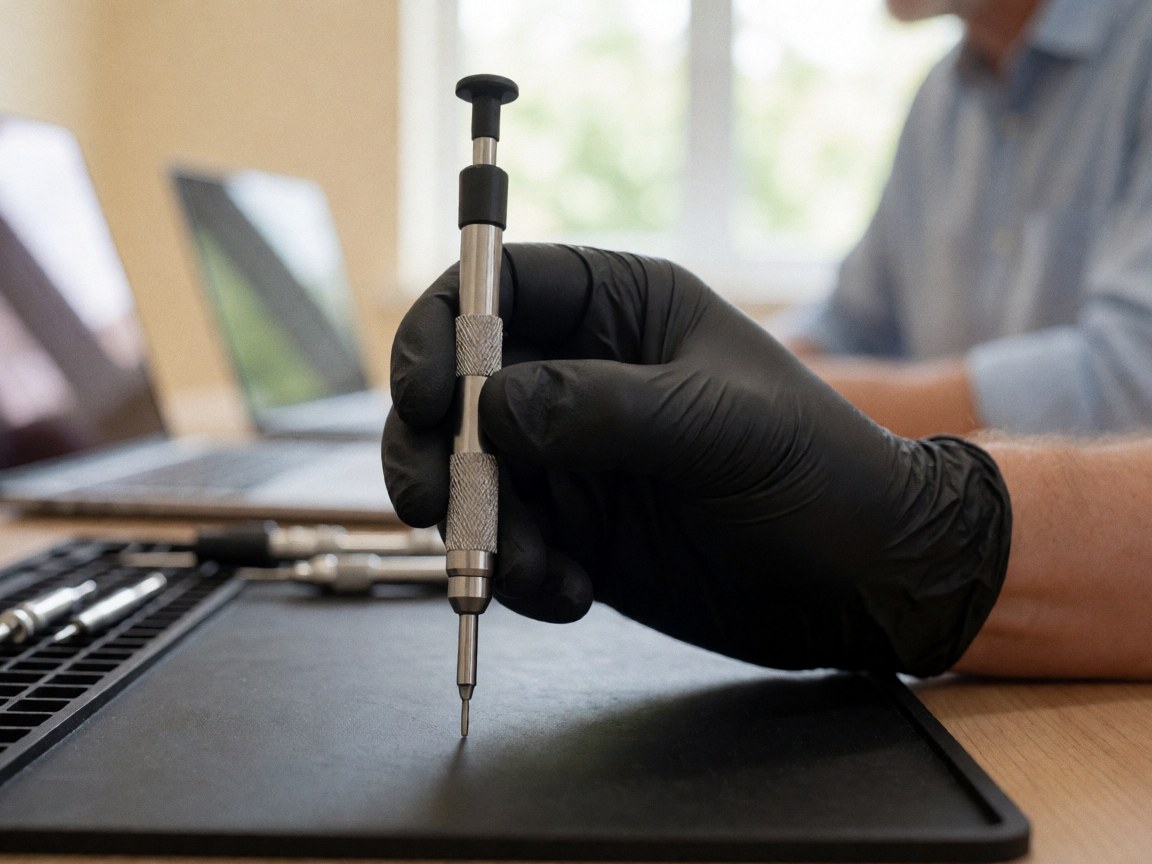 Hand wearing black glove holding precision screwdriver over black ESD mat with laptop in background and natural light for electronics repair