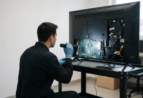 Technician wearing gloves inspects television circuits in workshop during repair service