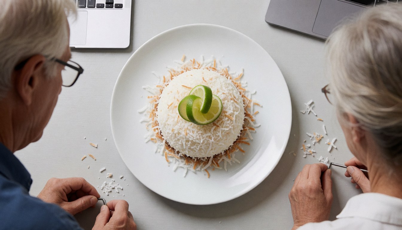 Coconut dessert garnished with fresh lime slices on a white surface, perfect for beach club branding