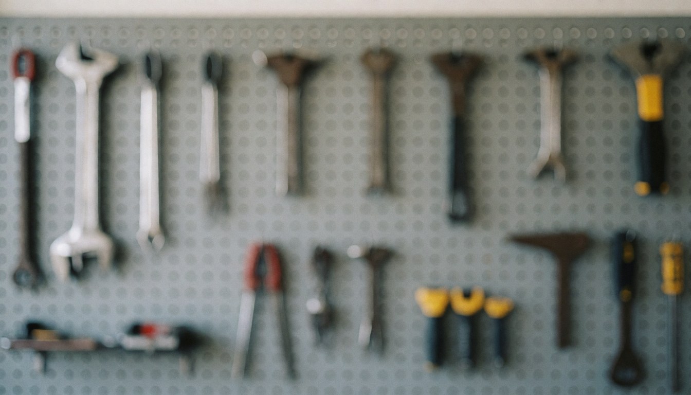 Blurred background of repair tools hanging on a gray wall board, suitable for heating repair services.