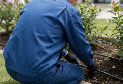 Technician installing irrigation tubing in a garden, wearing blue uniform and gloves, viewed from behind, professional gardening service in action