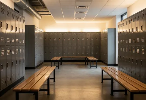Empty modern climbing gym locker room featuring wooden benches, metal lockers, and concrete flooring with bright industrial lighting