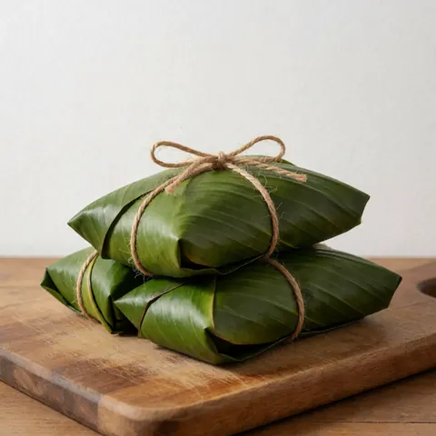 Two Colombian tamales wrapped in green leaves and tied with natural twine on a wooden board in a kitchen with white walls and soft lighting