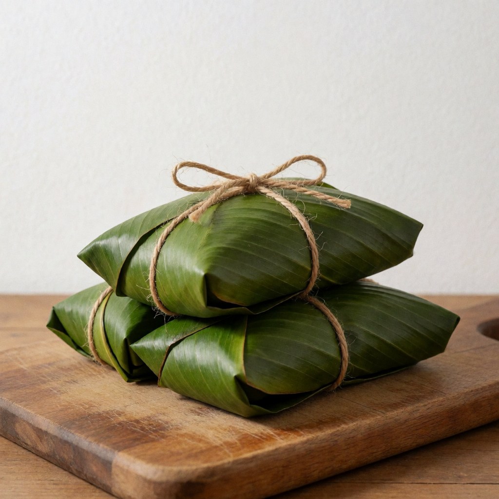 Two Colombian tamales wrapped in green leaves and tied with natural twine on a wooden board in a kitchen with white walls and soft lighting