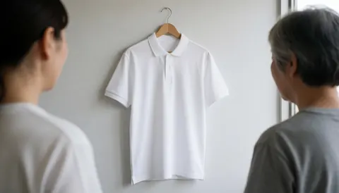 White uniform shirt hanging on a gray wall, illuminated by natural light, suitable for a chess school product display