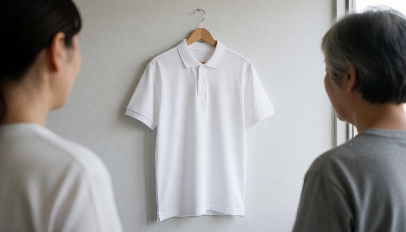 White uniform shirt hanging on a gray wall, illuminated by natural light, suitable for a chess school product display