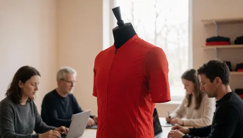 Red cycling jersey displayed on a black mannequin in an office setting with beige walls and natural light