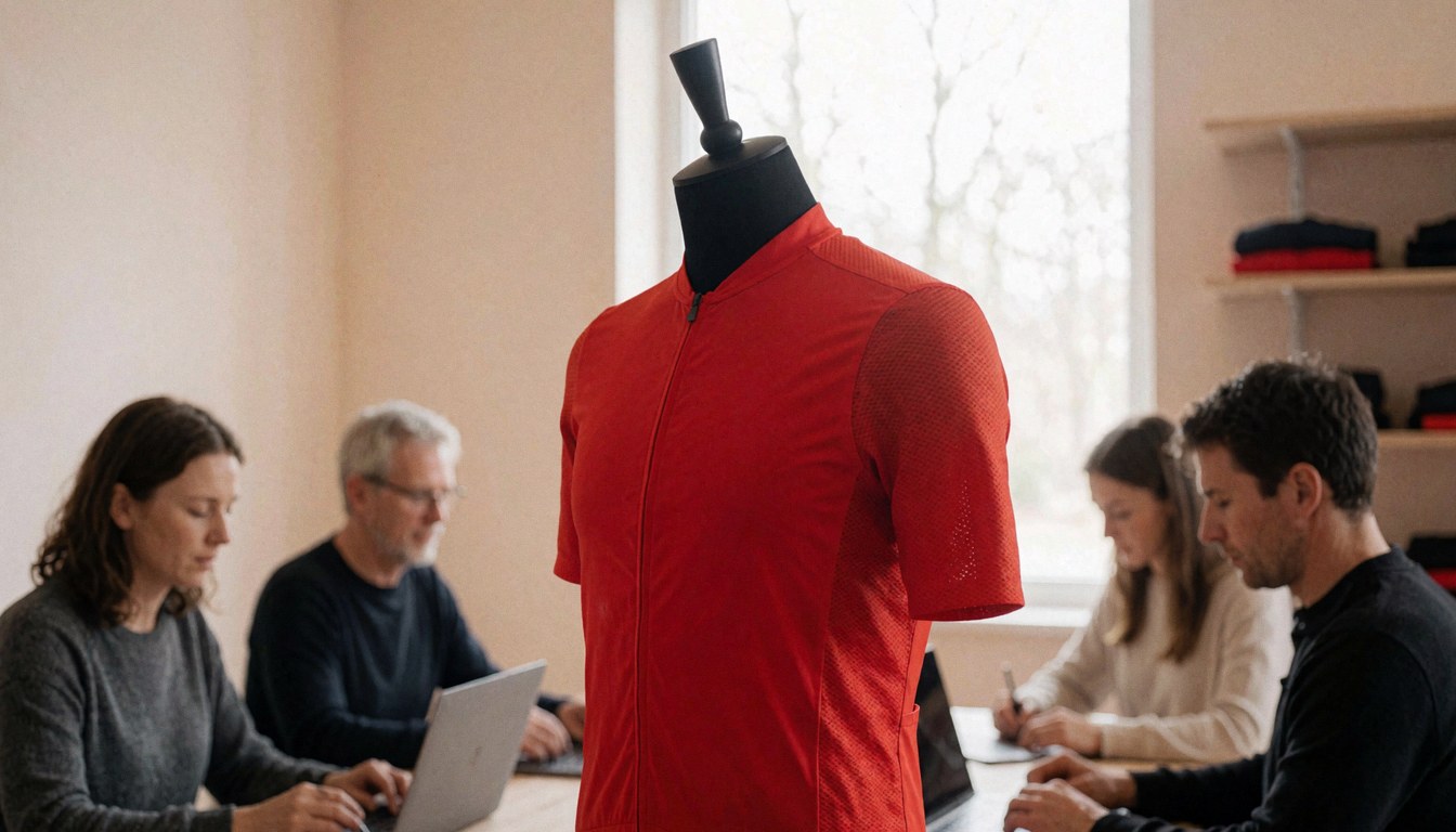 Red cycling jersey displayed on a black mannequin in an office setting with beige walls and natural light