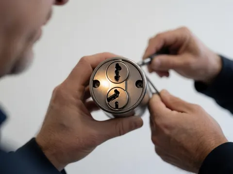 Close-up of a professional locksmith using a tool to manipulate the internal pins and springs of a cylinder lock against a white background.