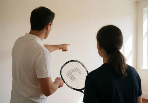 Tennis instructor teaching a student with rackets against a white wall in natural light