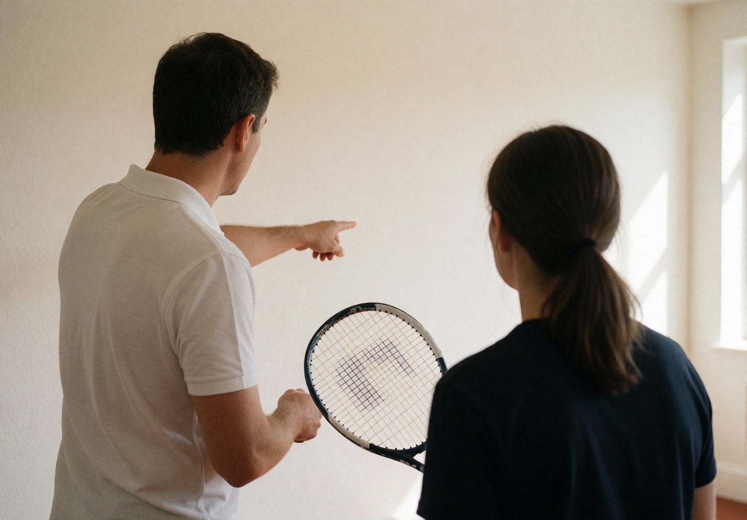 Tennis instructor teaching a student with rackets against a white wall in natural light