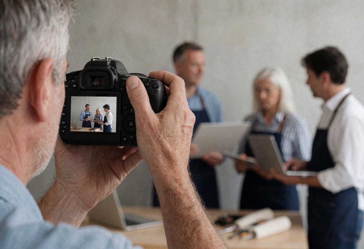 Professional photographer adjusting camera controls in a studio with concrete walls