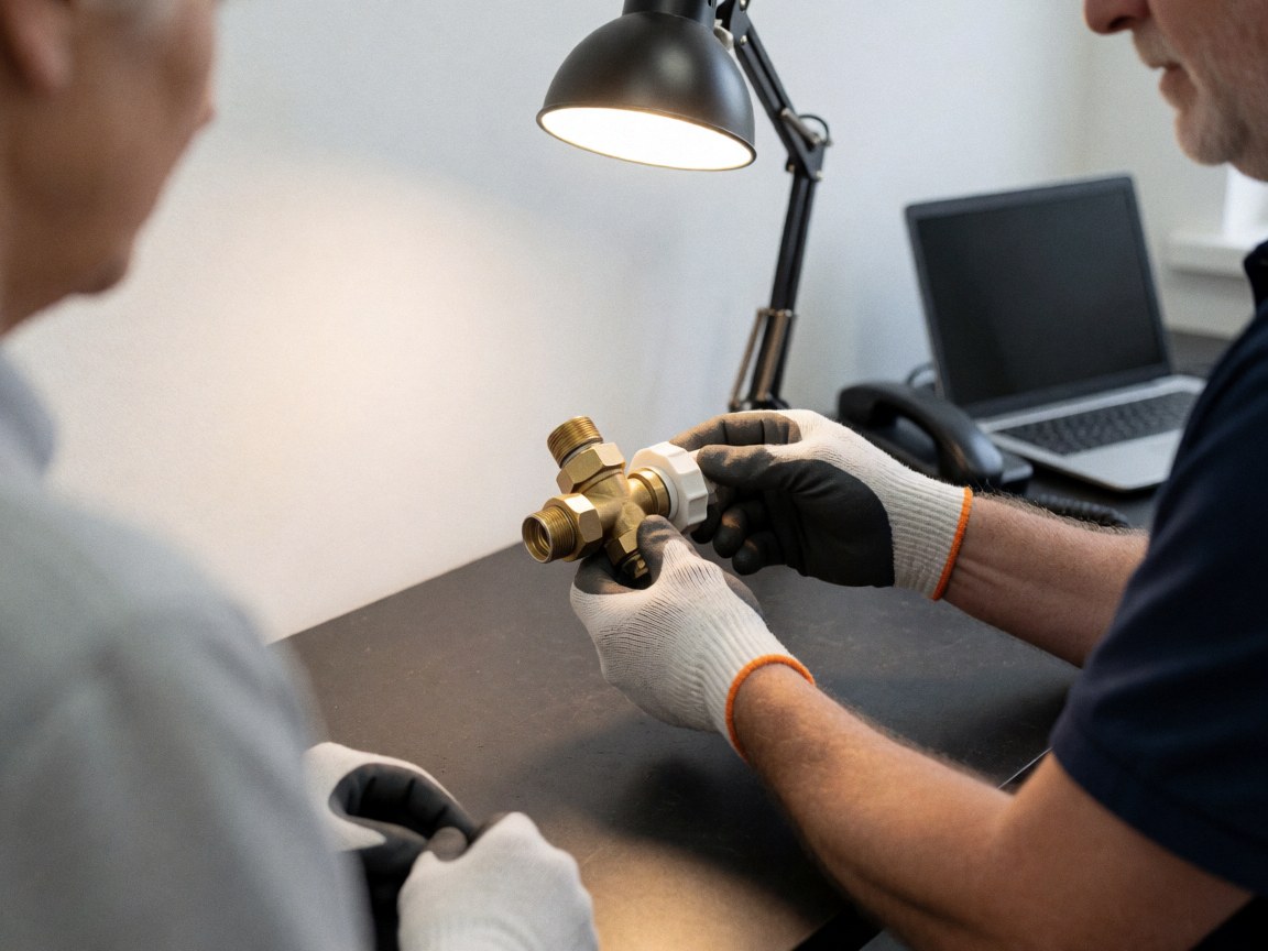 Close-up of a technician adjusting a brass and white plastic valve on a dark workbench under a work lamp in a repair shop.