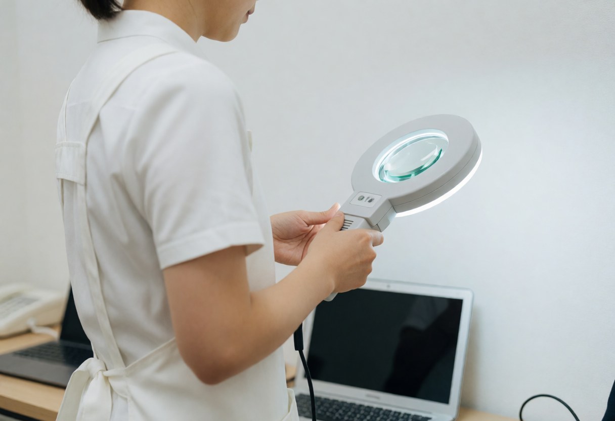Professional in white coat examining skin with magnifying glass in clean clinical setting for acne treatment
